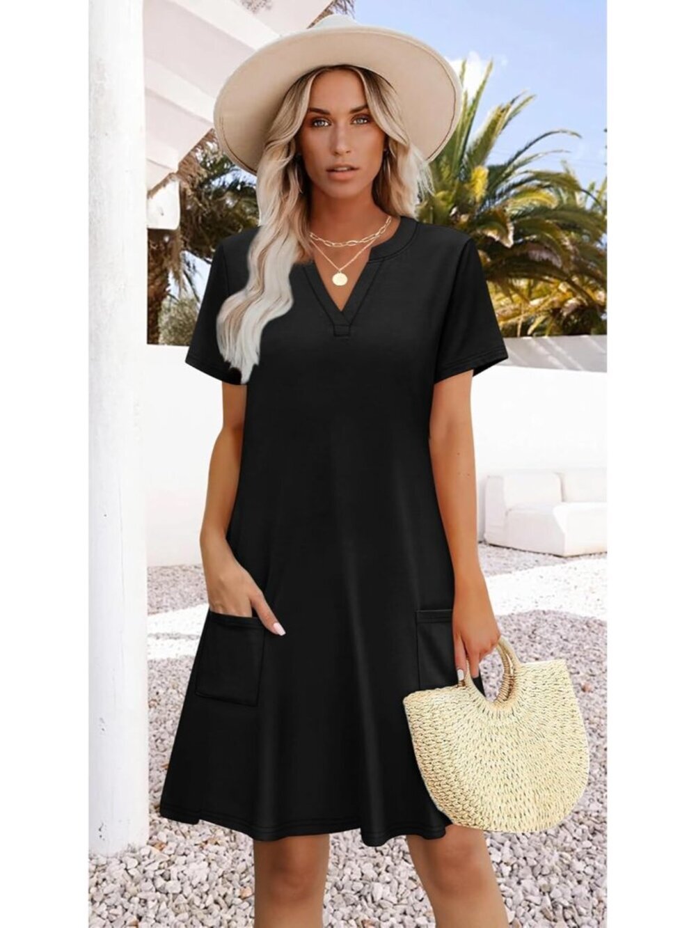 Women's V Neck Summer Black Midi Dress Hawaiian Wedding Guest Beach Vacation - Picture 2 of 5